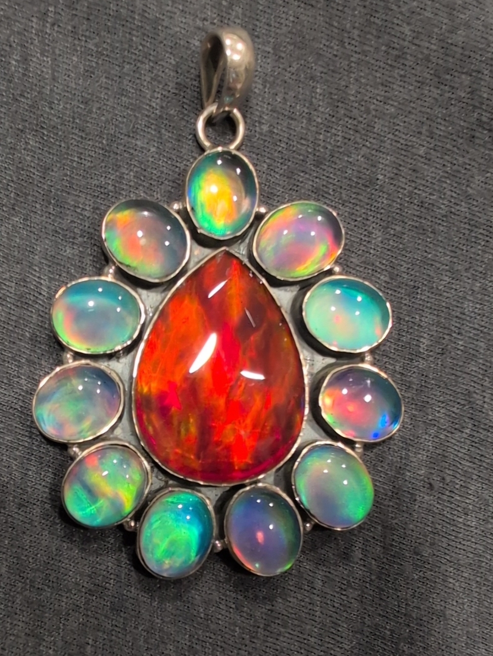 Sterling Silver Red Fire Opal Teardrop Pendant with Multi-Color Opal Halo